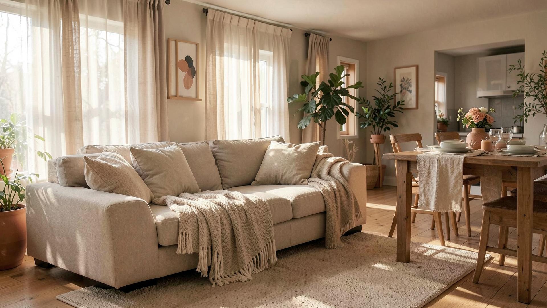 Warm open-plan living and dining room with a soft sofa, layered textures and sheer curtains